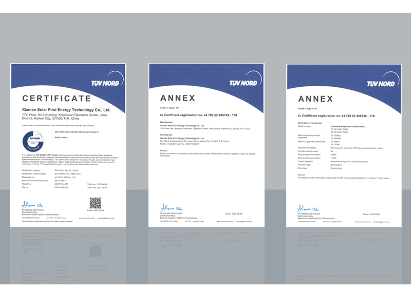 Les produits de la série Horizon du système de suivi de SolFirsTech ont obtenu le certificat IEC62817